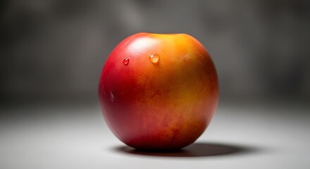 Single ripe mango with water droplets on a textured background