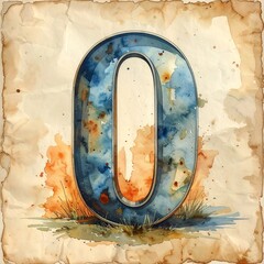 Blue watercolor zero on aged paper, with paint splatter and grassy detail at base