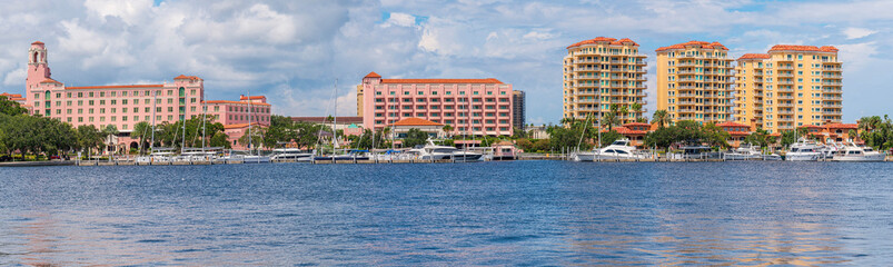 Panorama view of St. Petersburg buildings park and marina.
