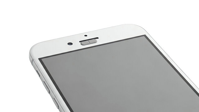 Close-up of a silver iPhone with a blank gray screen