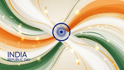 India republic day celebration with vibrant green orange and white swirling design elements and ashoka chakra symbol with Indian flag and national symbol