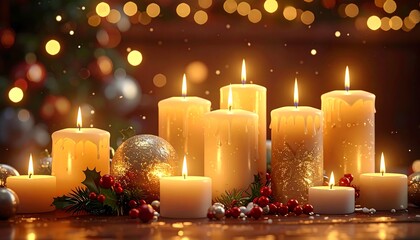 Close-up of lit candles with festive ornaments, blurred bokeh background, creating warm, cozy ambiance