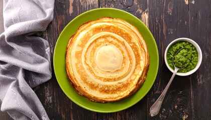 Delicious Spiral Vegetable Tart with Green Sauce on Rustic Wooden Table.