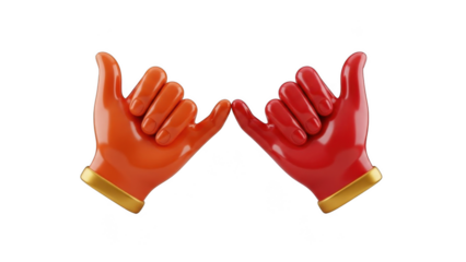Two stylized 3D hands, one orange and one red, forming a pinky promise gesture with golden cuffs on a white background.