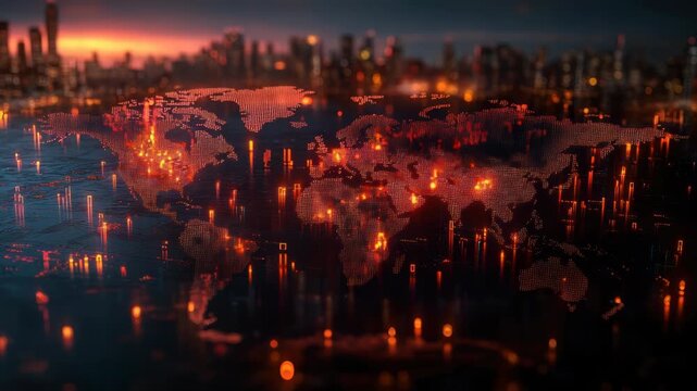 Glowing digital world map over a futuristic cityscape, reflecting light on a dark surface