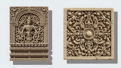 Two detailed stone relief carvings showcase intricate traditional patterns and a central figure. This vector illustration highlights the beauty of classical sculpture and cultural heritage.