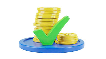 Coins with a green checkmark, symbolizing financial success or approval.