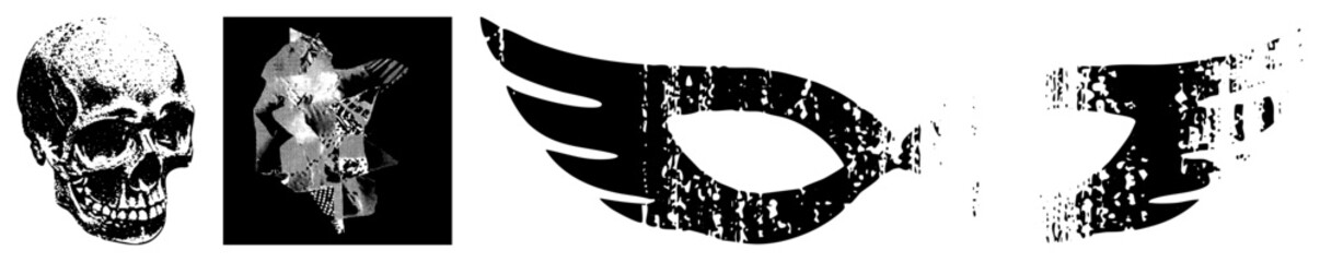 Grungy Skull, Collage Figure, Winged Mask and Abstract Wing Silhouettes