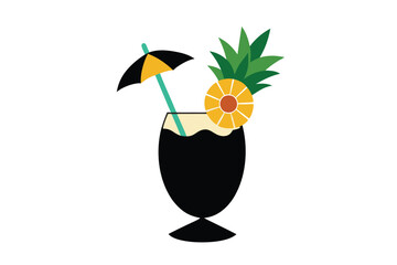 Pina colada glass silhouette with coconut and pine isolated on white background