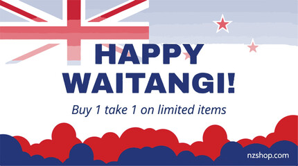 Waitangi day promotion banner with new zealand flag and website link on blue and red cloud background