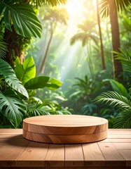 Obraz premium Wooden Platform in Lush Jungle with Sunlight and Greenery Background.