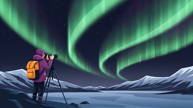 A photographer with a large backpack and heavy winter clothing stands on a snowy ridge, capturing the stunning aurora borealis with a camera mounted on a tripod. This vibrant flat vector illustration 