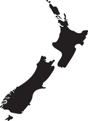 Black map of new zealand showing north and south island regions on a checkered transparent background