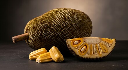 Whole and sliced ripe jackfruit with segments on a dark background