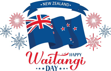 Happy waitangi day new zealand banner with waving flags and fireworks celebration