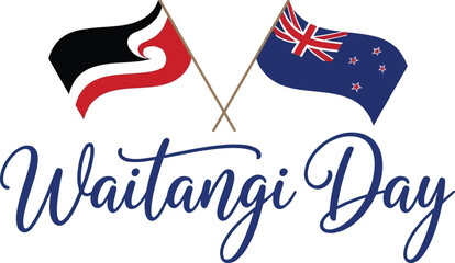 Waitangi day text with crossed new zealand and maori flags national holiday greeting
