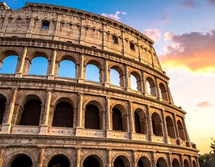 Fototapeta premium Majestic view of a famous ancient amphitheater under a colorful sunset