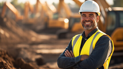 Smiling Construction Foreman in a Hard Hat and Safety Vest at an Excavation Site. Infrastructure development concept for heavy machinery services, civil engineering projects