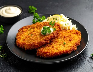 A plate displays two golden-brown, breaded cutlets with creamy sauce, side salad, lemon garnish, and fresh parsley. A small bowl of sauce sits nearby