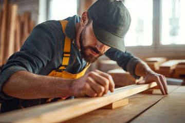 Focused Carpenter Marking Timber in a Sunlit Woodworking Shop. Craftsmanship concept for handmade furniture design, professional carpentry services, small business makers, and DIY home renovation.