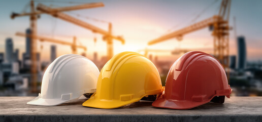 Construction Hard Hats in White, Yellow, and Red Resting on a Concrete Ledge with Industrial Cranes at Sunset. Safety and teamwork concept for civil engineering and urban development.