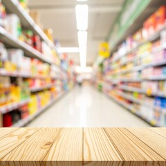 Fototapeta premium Wooden table foreground with blurred supermarket background, shopping concept.