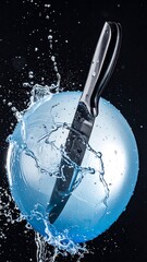 Blue water-filled balloon pierced by a knife, captured mid-burst against a dark background