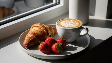 Close-up of a delicious croissant and fresh strawberries served with a latte art coffee on a plate by the window.