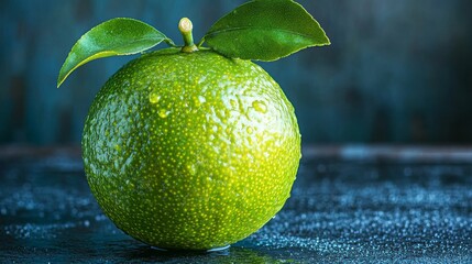Freshly Picked Green Citrus Fruit with Dewy Surface and Leaves