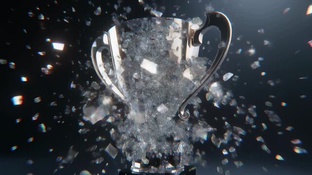 Shattered silver trophy surrounded by fragments and debris.
