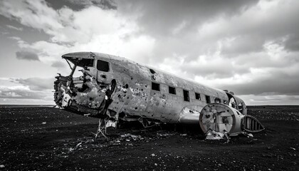 Wreckage of a Crashed Airplane on Barren Land Under a Cloudy Sky.