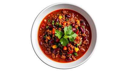 Bowl of chili ground meat, beans, corn, garnished with cilantro. Isolated, top view, white background