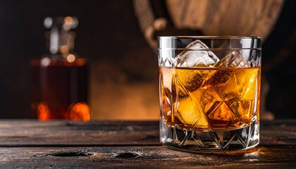 A classic close-up of a glass of amber whiskey "on the rocks" with crystal clear ice cubes.