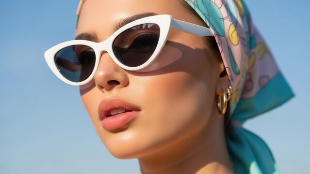 Close-up Portrait of a Glamorous Woman with Dramatic Cat-Eye Sunglasses and a Silk Headscarf, Against a Bright Blue Sky. A Chic, Retro-Inspired Summer Look.