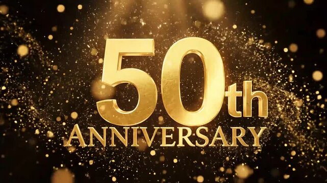 Golden 50th Anniversary Celebration with Sparkling Particles and Light Rays.