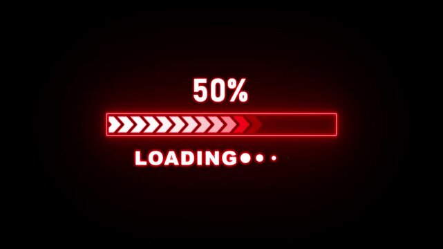 Red neon loading bar at 30 percent with chevron arrows on black background progress percentage