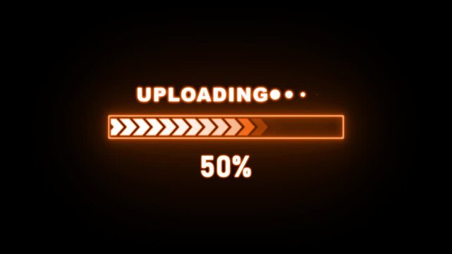 Orange neon uploading bar at 30 percent with chevron arrows on black background progress percentage