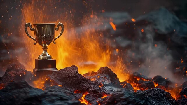 Trophy on fire amidst burning rocks and flames.