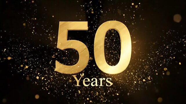 Golden 50 Years Anniversary Celebration with Glitter Particles on Black Background.