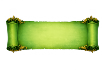 Green parchment scroll with golden ornate elements, antique fantasy banner design, old paper asset for game interface