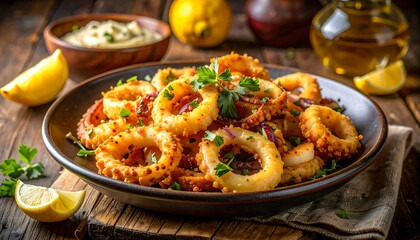 A plate of golden-brown, crispy fried calamari rings is artfully arranged, garnished with fresh parsley. The scene also includes dipping sauce and lemon