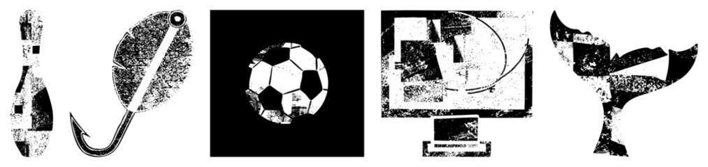 Fototapeta premium Abstract Geometric Featuring Bowling Pin, Hook, Soccer Ball, Monitor, and Trophy