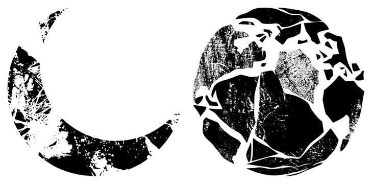Cracked Earth Globe and Moon Fragmented Planet