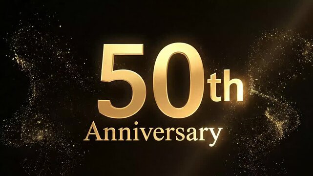 Golden 50th Anniversary Celebration with Sparkling Particles on Black Background.