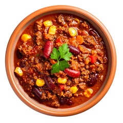 Bowl of chili hearty, rich stew with ground meat, beans, corn, and spices, topped with parsley, served in ceramic bowl