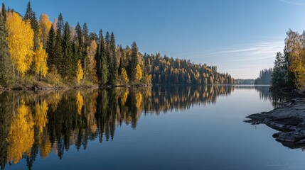 Autumn forest landscape reflected in calm lake water under a clear blue sky
