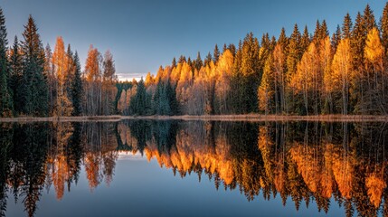 Obraz premium Autumn forest landscape reflected in calm lake water under a blue sky