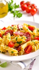 A plate of pasta with sliced tomatoes, meat, and herbs. Olive oil and more tomatoes are in the background
