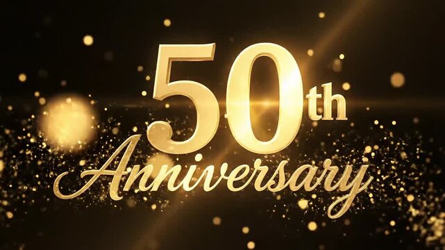 Golden 50th Anniversary Celebration with Glittering Particles on Black Background.
