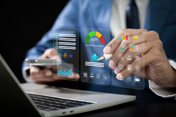 Key Performance Indicators business analysis on modern virtual interface dashboard.